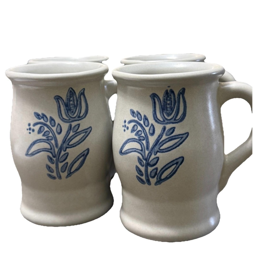Pfaltzgraff Folk Art Mug Cup Blue Floral Stoneware USA Set of 4 Vintage - Picture 8 of 10